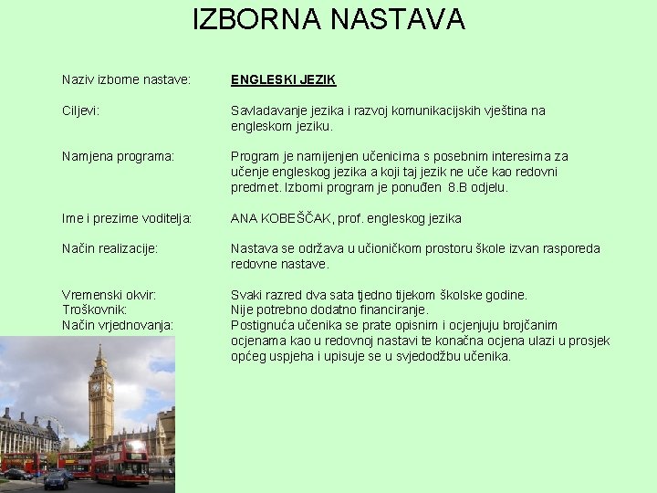 IZBORNA NASTAVA Naziv izborne nastave: ENGLESKI JEZIK Ciljevi: Savladavanje jezika i razvoj komunikacijskih vještina