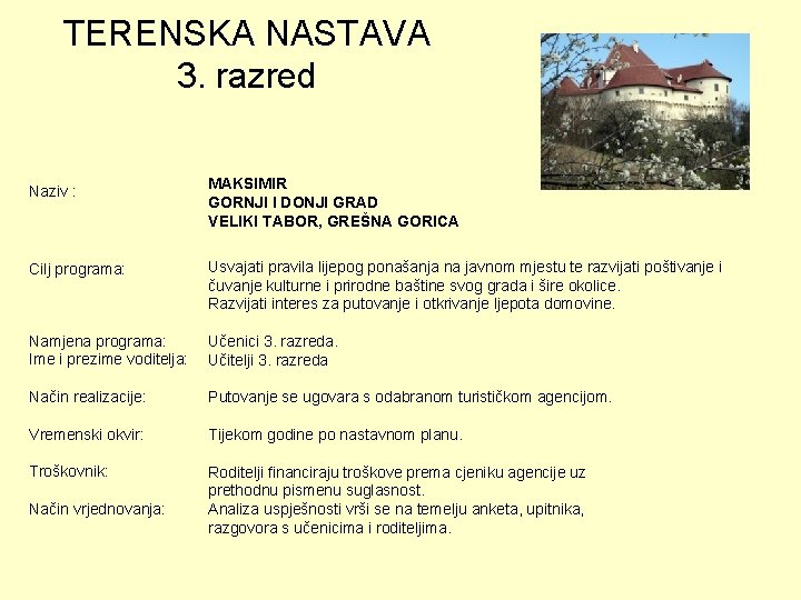 TERENSKA NASTAVA 3. razred Naziv : MAKSIMIR GORNJI I DONJI GRAD VELIKI TABOR, GREŠNA