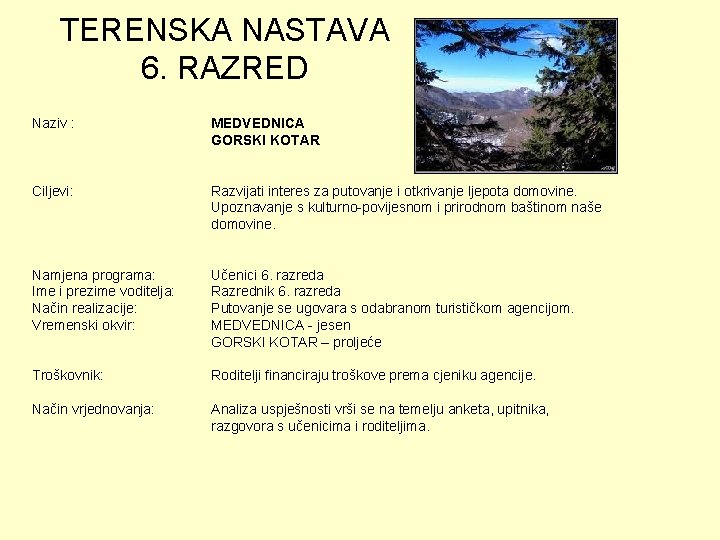 TERENSKA NASTAVA 6. RAZRED Naziv : MEDVEDNICA GORSKI KOTAR Ciljevi: Razvijati interes za putovanje