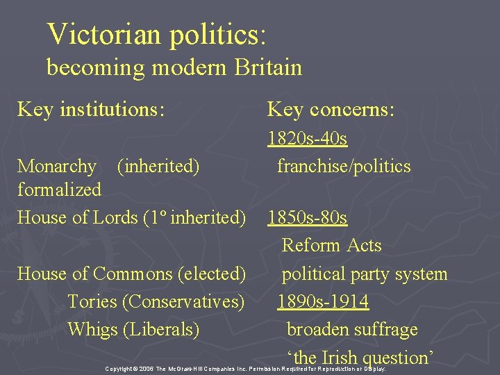 Victorian politics: becoming modern Britain Key institutions: Monarchy (inherited) formalized House of Lords (1º