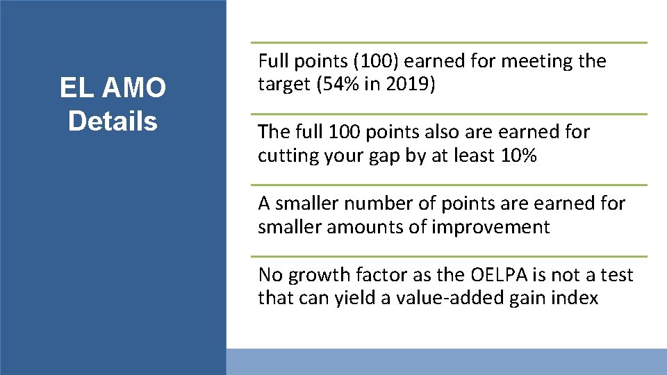 EL AMO Details Full points (100) earned for meeting the target (54% in 2019)