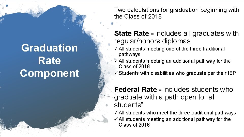 Two calculations for graduation beginning with the Class of 2018 Graduation Rate Component State