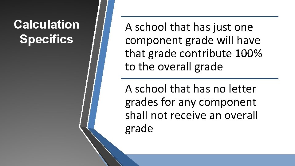 Calculation Specifics A school that has just one component grade will have that grade