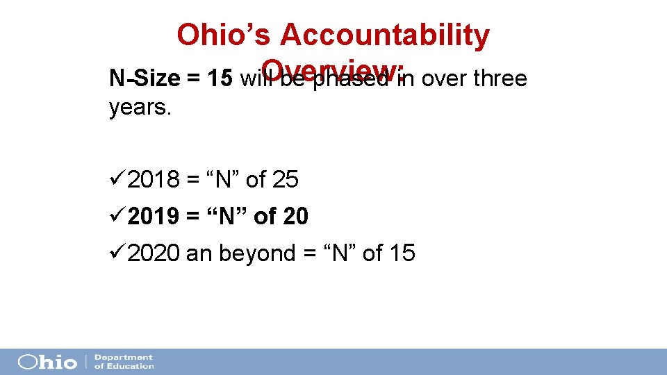 Ohio’s Accountability Overview: N-Size = 15 will be phased in over three years. ü