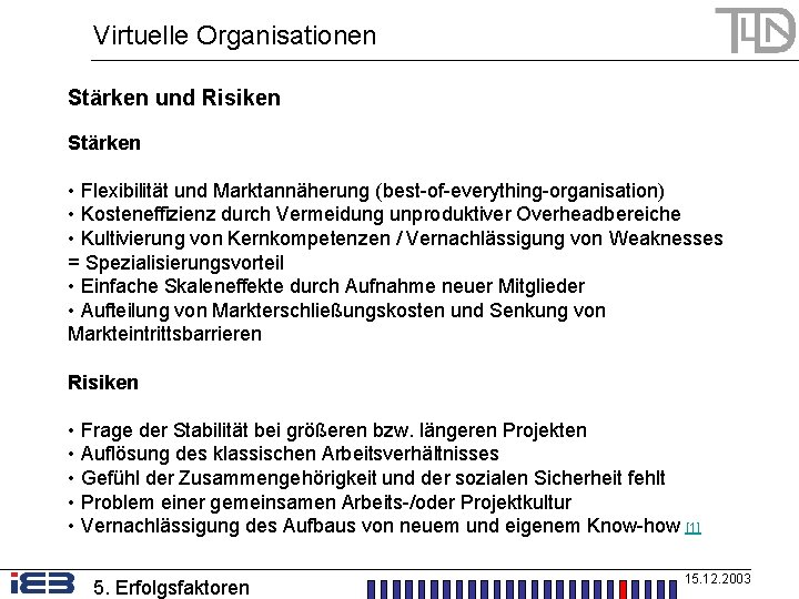 Virtuelle Organisationen Stärken und Risiken Stärken • Flexibilität und Marktannäherung (best-of-everything-organisation) • Kosteneffizienz durch