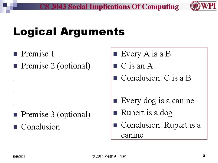 CS 3043 Social Implications Of Computing Logical Arguments n n Premise 1 Premise 2