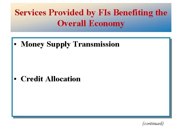 Services Provided by FIs Benefiting the Overall Economy • Money Supply Transmission • Credit