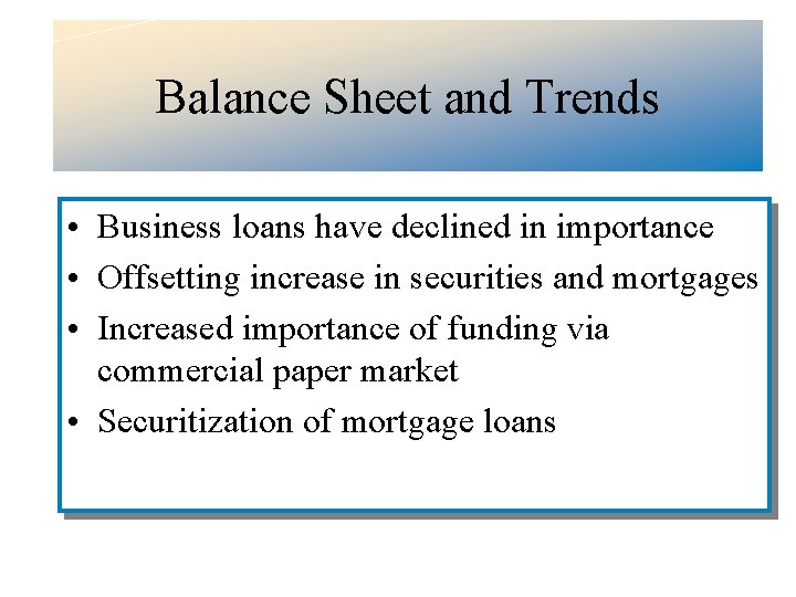 Balance Sheet and Trends • Business loans have declined in importance • Offsetting increase