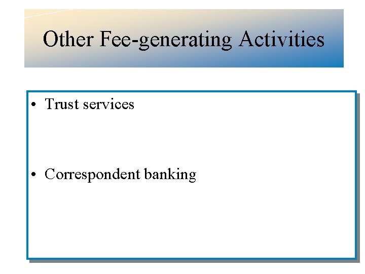 Other Fee-generating Activities • Trust services • Correspondent banking 