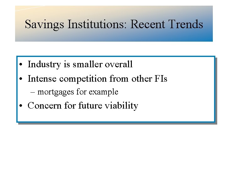 Savings Institutions: Recent Trends • Industry is smaller overall • Intense competition from other