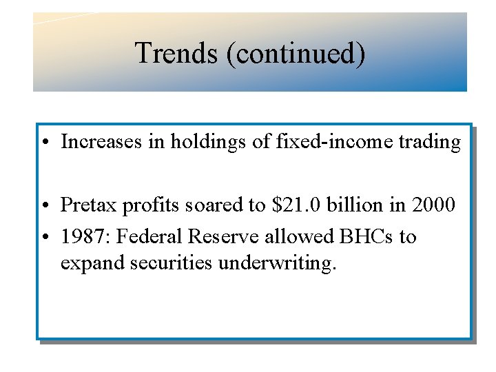Trends (continued) • Increases in holdings of fixed-income trading • Pretax profits soared to