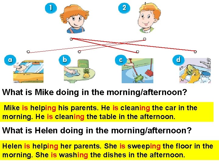 What is Mike doing in the morning/afternoon? Mike is helping his parents. He is