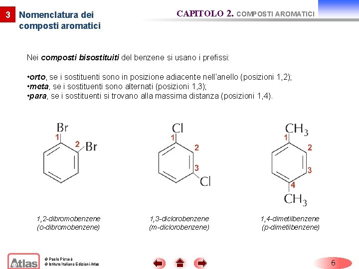 3 Nomenclatura dei composti aromatici CAPITOLO 2. COMPOSTI AROMATICI Nei composti bisostituiti del benzene