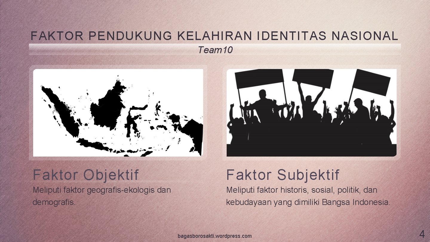 FAKTOR PENDUKUNG KELAHIRAN IDENTITAS NASIONAL Team 10 Faktor Objektif Faktor Subjektif Meliputi faktor geografis-ekologis