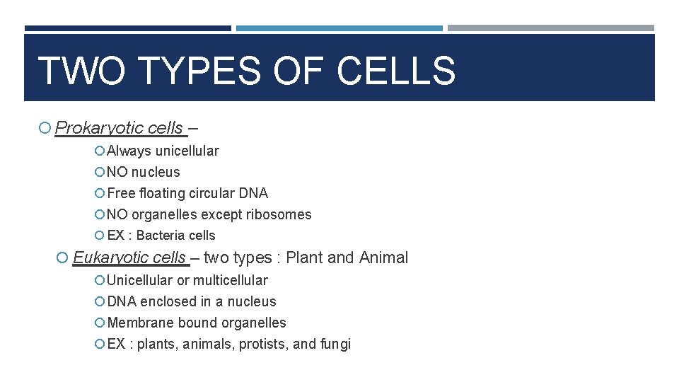TWO TYPES OF CELLS Prokaryotic cells – Always unicellular NO nucleus Free floating circular