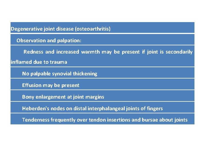 Degenerative joint disease (osteoarthritis) Observation and palpation: Redness and increased warmth may be present