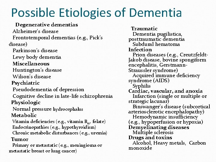 Possible Etiologies of Dementia Degenerative dementias Alzheimer's disease Frontotemporal dementias (e. g. , Pick's