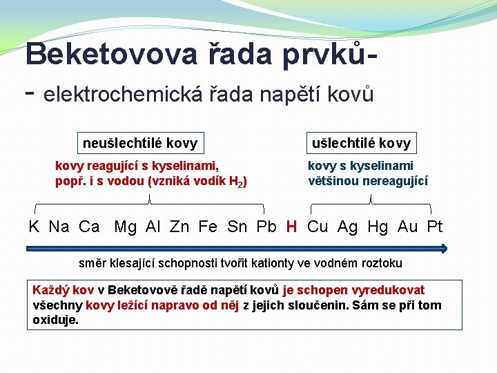 Beketovova řada prvků- elektrochemická řada napětí kovů neušlechtilé kovy reagující s kyselinami, popř. i