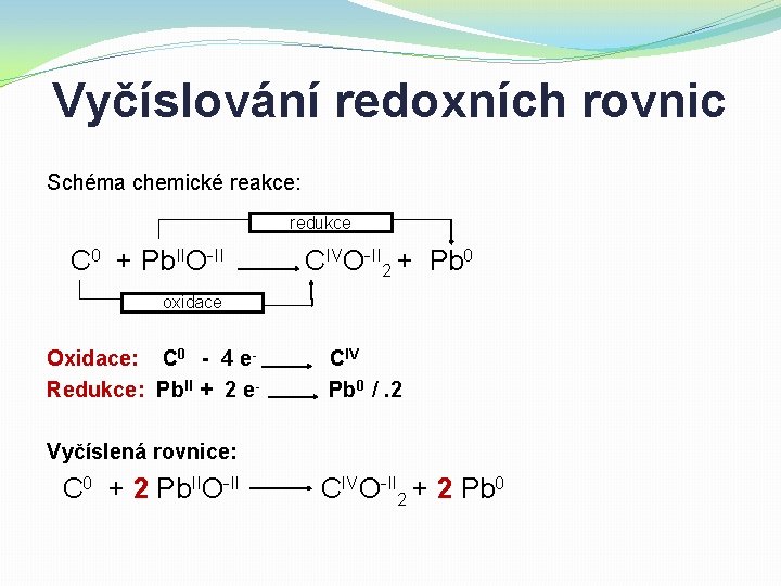 Vyčíslování redoxních rovnic Schéma chemické reakce: redukce C 0 + Pb. IIO-II CIVO-II 2