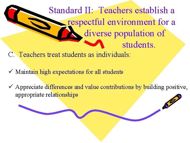 Standard II: Teachers establish a respectful environment for a diverse population of students. C.