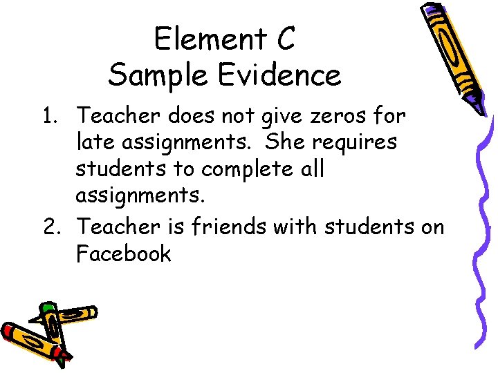 Element C Sample Evidence 1. Teacher does not give zeros for late assignments. She