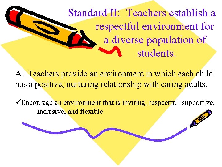 Standard II: Teachers establish a respectful environment for a diverse population of students. A.