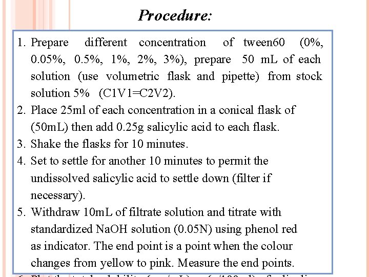 Procedure: 1. Prepare different concentration of tween 60 (0%, 0. 05%, 0. 5%, 1%, Procedure: 1. Prepare different concentration of tween 60 (0%, 0. 05%, 0. 5%, 1%,