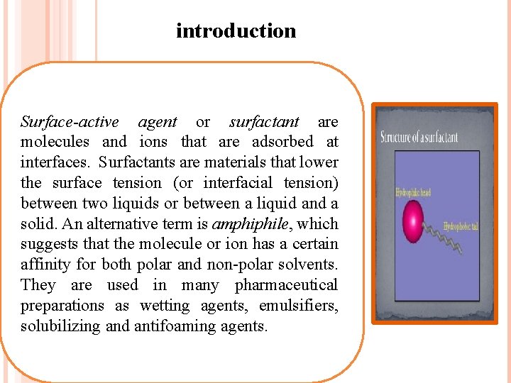 introduction Surface-active agent or surfactant are molecules and ions that are adsorbed at interfaces. introduction Surface-active agent or surfactant are molecules and ions that are adsorbed at interfaces.