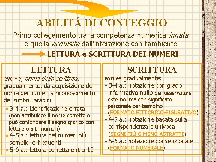 ABILITÁ DI CONTEGGIO Primo collegamento tra la competenza numerica innata e quella acquisita dall’interazione ABILITÁ DI CONTEGGIO Primo collegamento tra la competenza numerica innata e quella acquisita dall’interazione