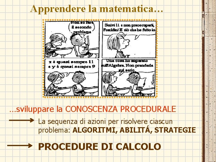 Apprendere la matematica… …sviluppare la CONOSCENZA PROCEDURALE La sequenza di azioni per risolvere ciascun Apprendere la matematica… …sviluppare la CONOSCENZA PROCEDURALE La sequenza di azioni per risolvere ciascun