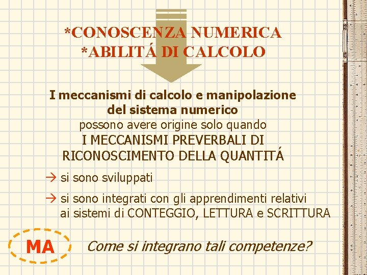 *CONOSCENZA NUMERICA *ABILITÁ DI CALCOLO I meccanismi di calcolo e manipolazione del sistema numerico *CONOSCENZA NUMERICA *ABILITÁ DI CALCOLO I meccanismi di calcolo e manipolazione del sistema numerico