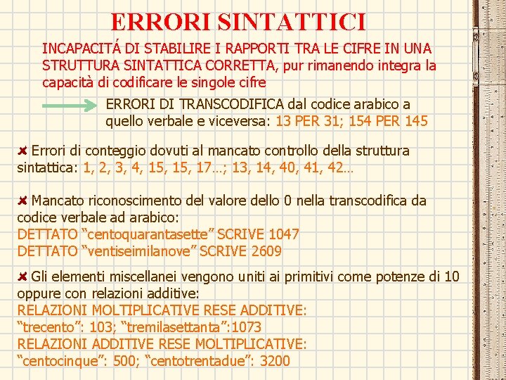 ERRORI SINTATTICI INCAPACITÁ DI STABILIRE I RAPPORTI TRA LE CIFRE IN UNA STRUTTURA SINTATTICA ERRORI SINTATTICI INCAPACITÁ DI STABILIRE I RAPPORTI TRA LE CIFRE IN UNA STRUTTURA SINTATTICA