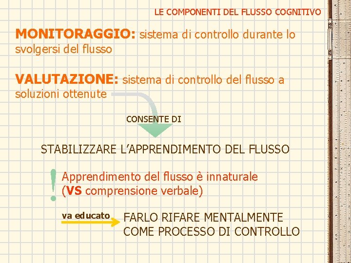 LE COMPONENTI DEL FLUSSO COGNITIVO MONITORAGGIO: sistema di controllo durante lo svolgersi del flusso LE COMPONENTI DEL FLUSSO COGNITIVO MONITORAGGIO: sistema di controllo durante lo svolgersi del flusso