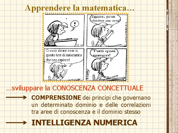 Apprendere la matematica… …sviluppare la CONOSCENZA CONCETTUALE COMPRENSIONE dei principi che governano un determinato Apprendere la matematica… …sviluppare la CONOSCENZA CONCETTUALE COMPRENSIONE dei principi che governano un determinato