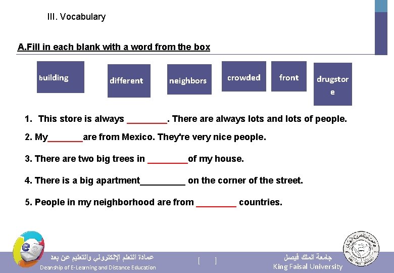 III. Vocabulary A. Fill in each blank with a word from the box building