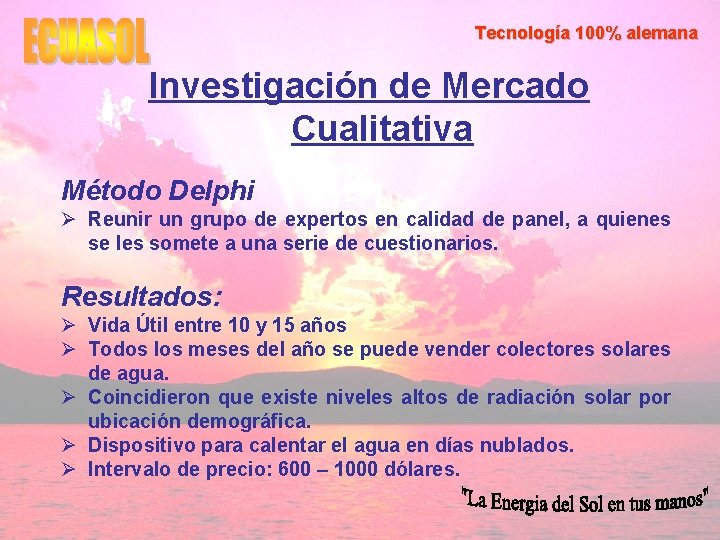 Tecnología 100% alemana Investigación de Mercado Cualitativa Método Delphi Ø Reunir un grupo de