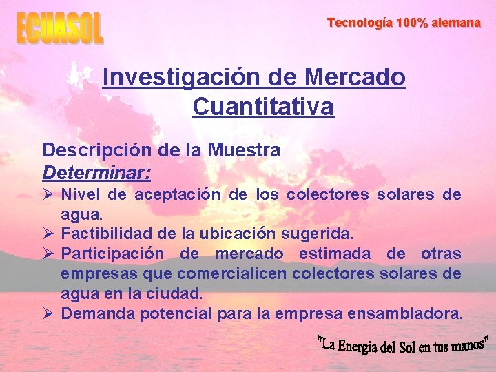 Tecnología 100% alemana Investigación de Mercado Cuantitativa Descripción de la Muestra Determinar: Ø Nivel