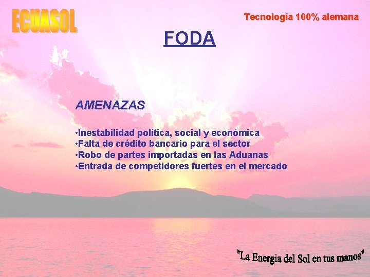 Tecnología 100% alemana FODA AMENAZAS • Inestabilidad política, social y económica • Falta de