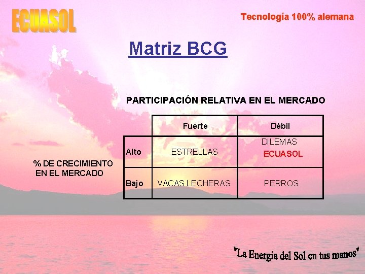 Tecnología 100% alemana Matriz BCG PARTICIPACIÓN RELATIVA EN EL MERCADO Fuerte Débil Alto ESTRELLAS