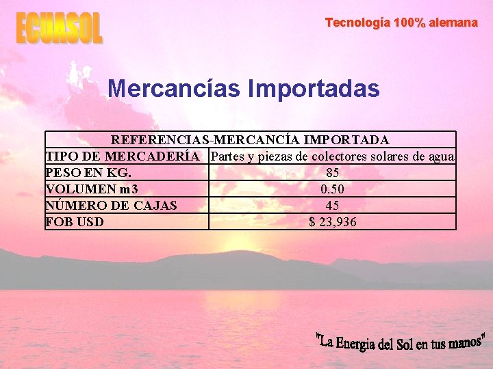 Tecnología 100% alemana Mercancías Importadas REFERENCIAS-MERCANCÍA IMPORTADA TIPO DE MERCADERÍA Partes y piezas de