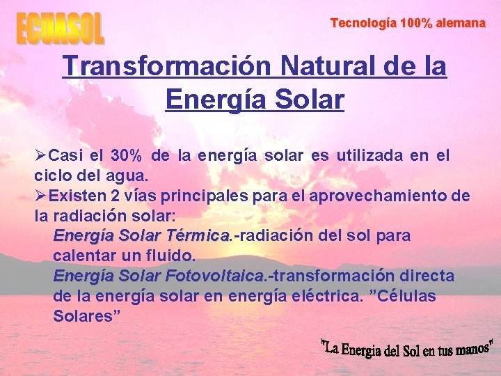 Tecnología 100% alemana Transformación Natural de la Energía Solar ØCasi el 30% de la