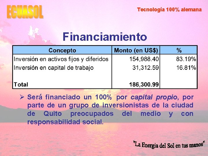 Tecnología 100% alemana Financiamiento Ø Será financiado un 100% por capital propio, propio por