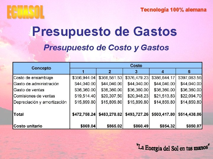 Tecnología 100% alemana Presupuesto de Gastos Presupuesto de Costo y Gastos 