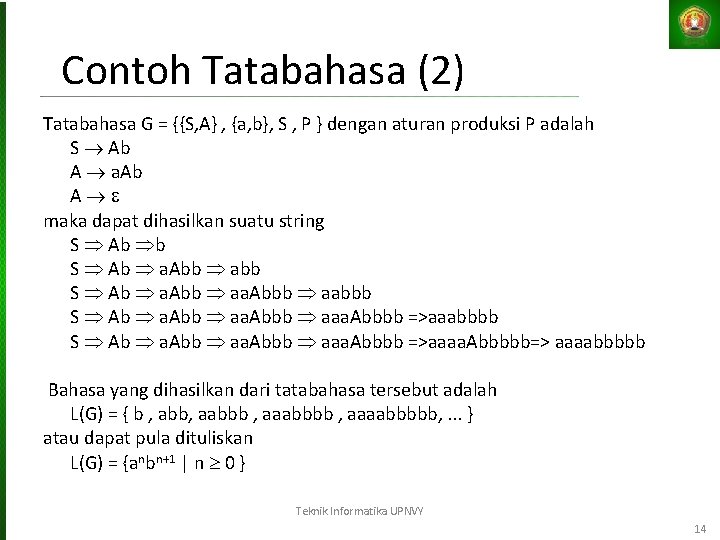 Contoh Tatabahasa (2) Tatabahasa G = {{S, A} , {a, b}, S , P