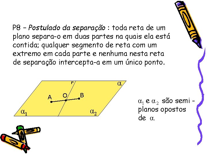 P 8 – Postulado da separação : toda reta de um plano separa-o em