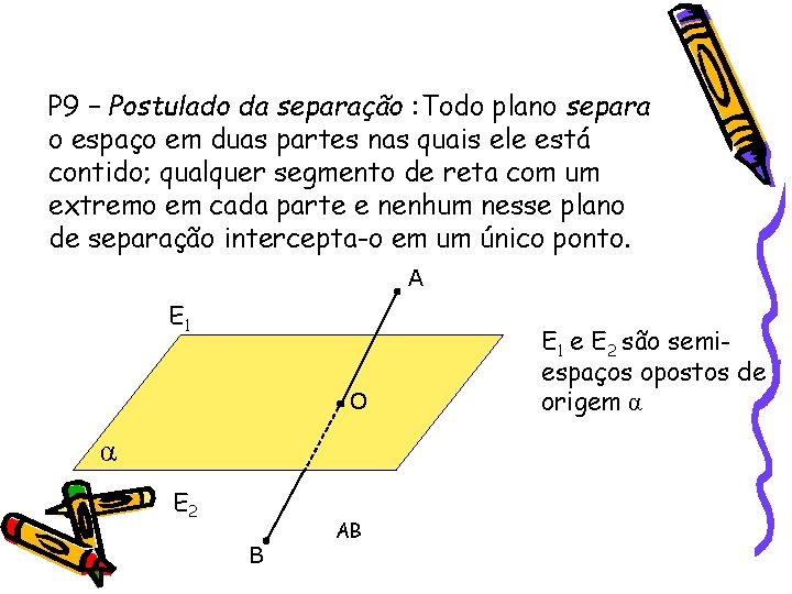P 9 – Postulado da separação : Todo plano separa o espaço em duas