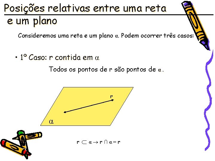 Posições relativas entre uma reta e um plano Consideremos uma reta e um plano