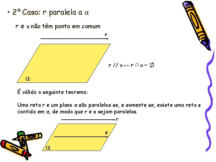  • 2º Caso: r paralela a α r e α não têm ponto