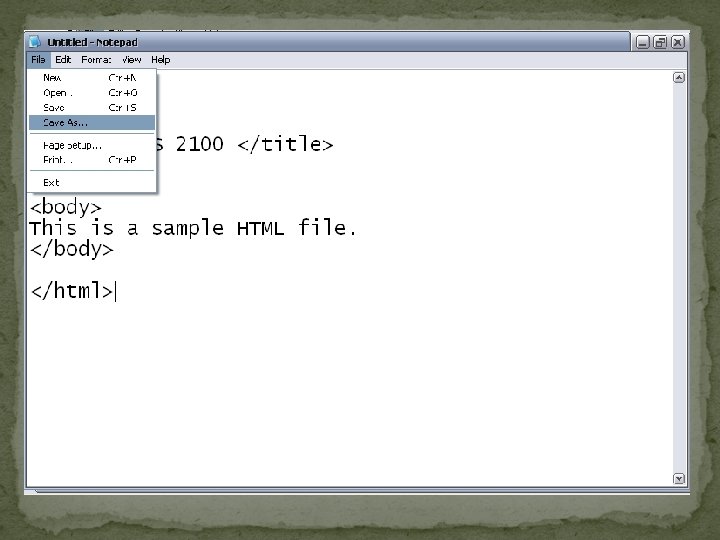 Create a basic HTML file (cont) Save the file as sample. htm 