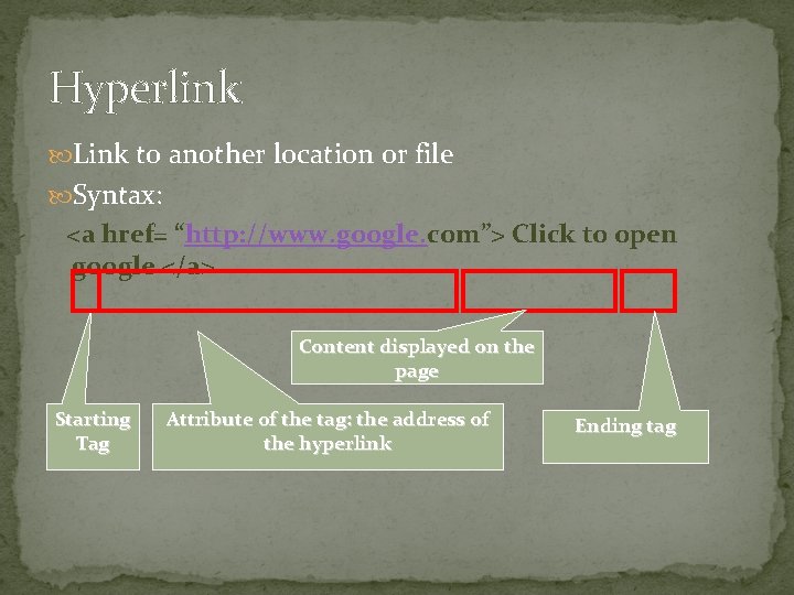 Hyperlink Link to another location or file Syntax: <a href= “http: //www. google. com”>